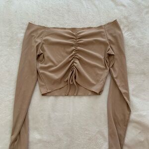 Tan Off-Shoulder Ruched Top